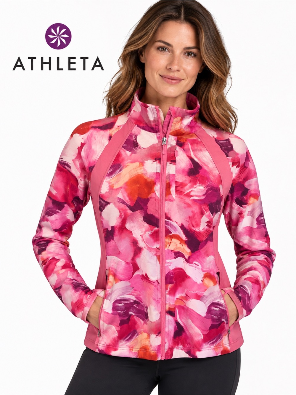Athleta Run With It Printed Jacket Pink Floral Size Medium
